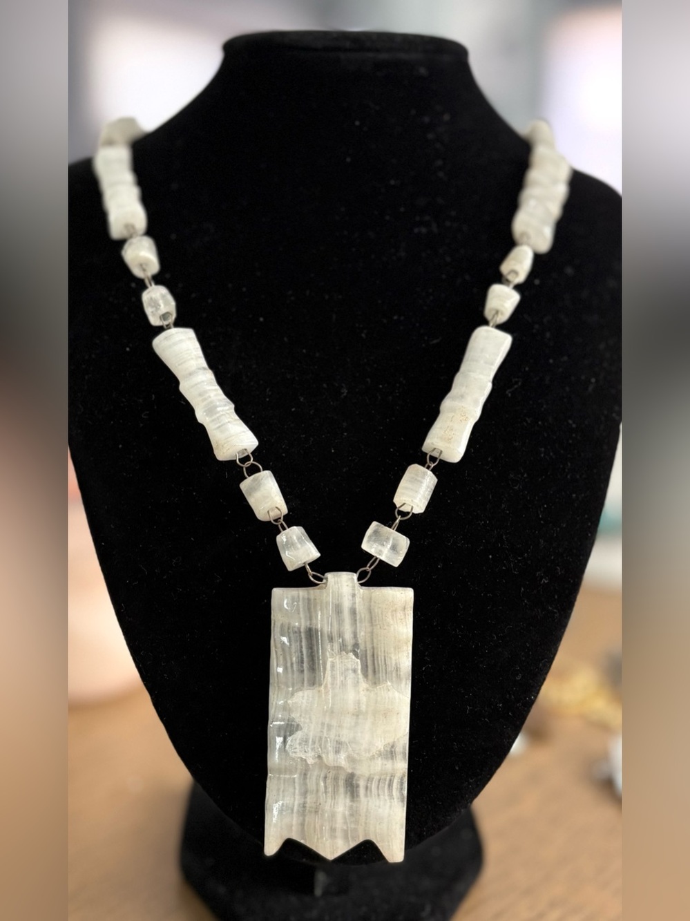 Vintage Natural Stone Statement Necklace Large Carved Pendant